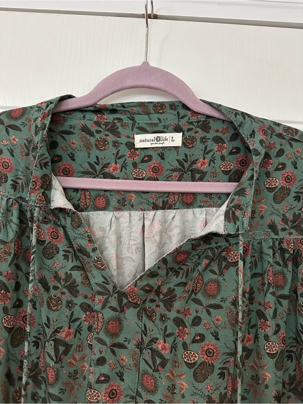 Natural Life Dara V-Neck Tunic Dress Boho Sage Black Floral Border Size Large - Picture 5 of 10